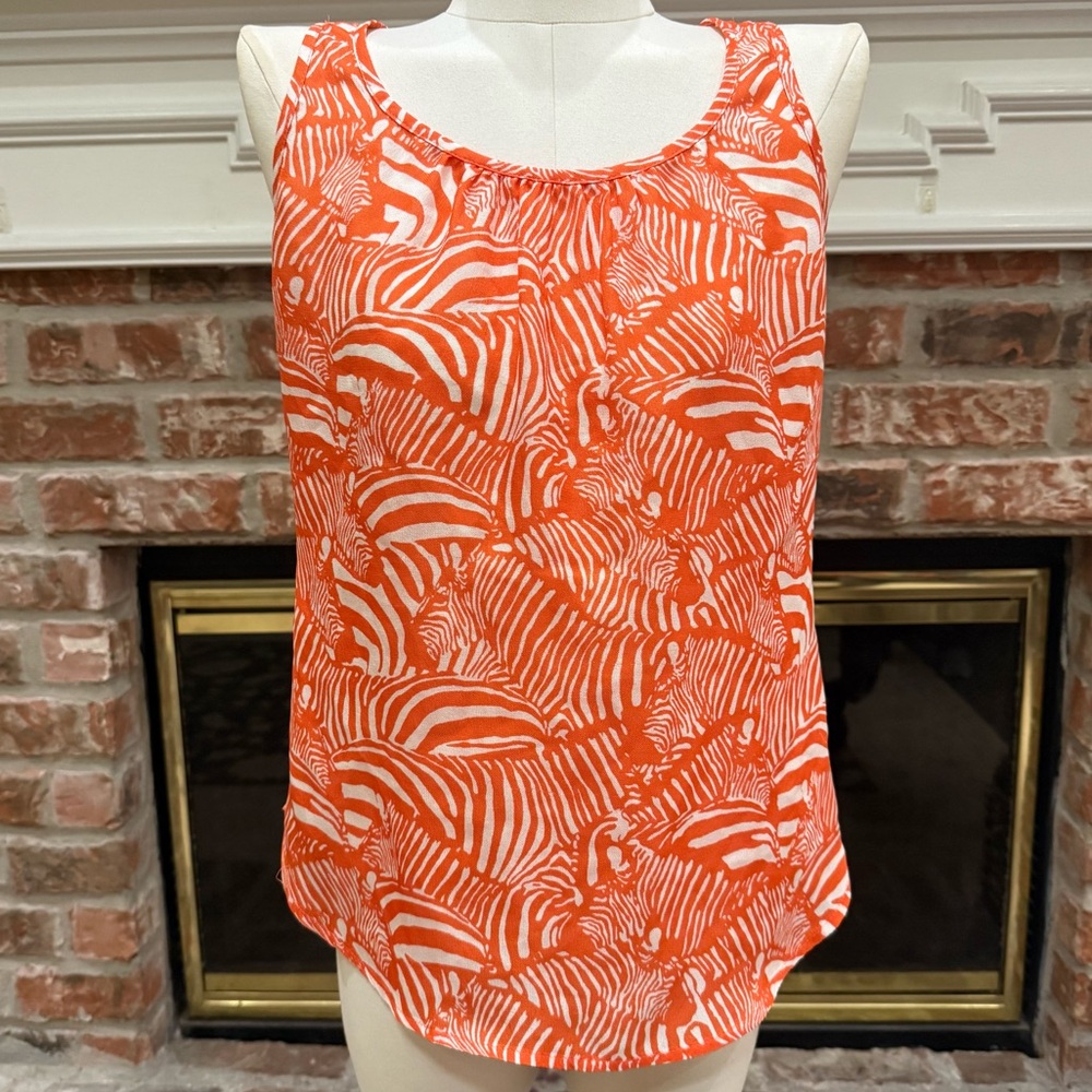 Trina Turk 💯 % silk Orange & White Swirly Zebra Print Sleeveless Top / XS/S